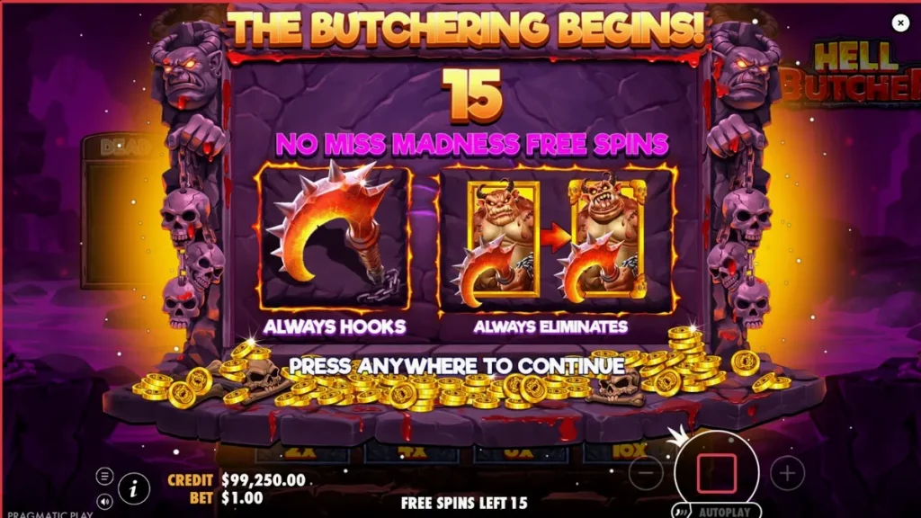 Tampilan visual slot Hell Butcher dengan tema horor dan mekanisme cluster pays