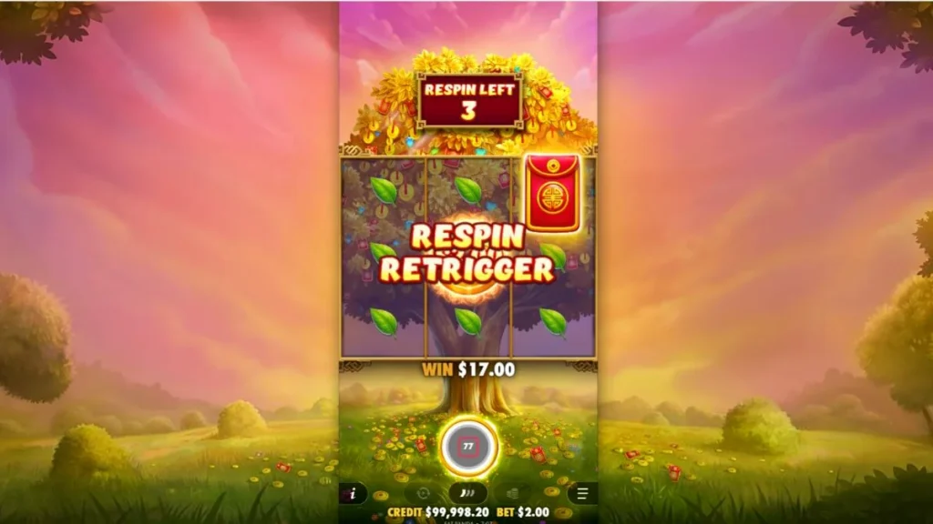 Lucky Fortune Tree slot machine interface with golden coins and serene nature theme